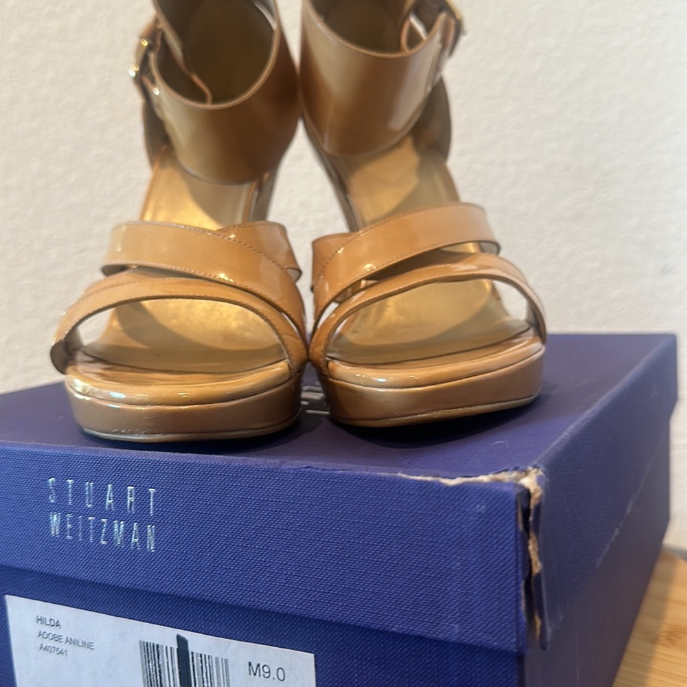 STUART WEITZMAN HILDA Sandal Metallic Cork Wedge Adobe Aniline Patent Size 9M - Picture 17 of 17